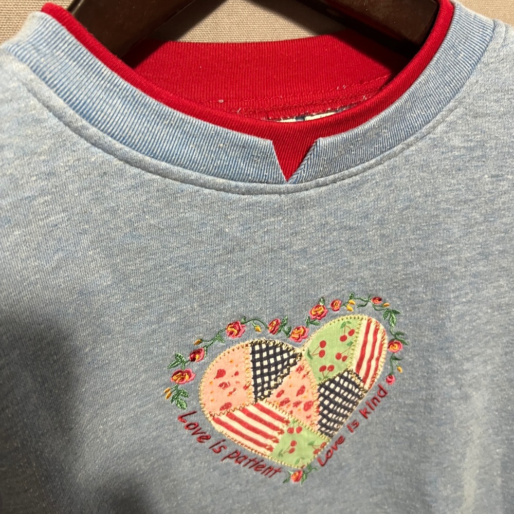 Haband Womens Blue Patchwork Heart Love is Patient Sweatshirt L Double Collar - Picture 4 of 5